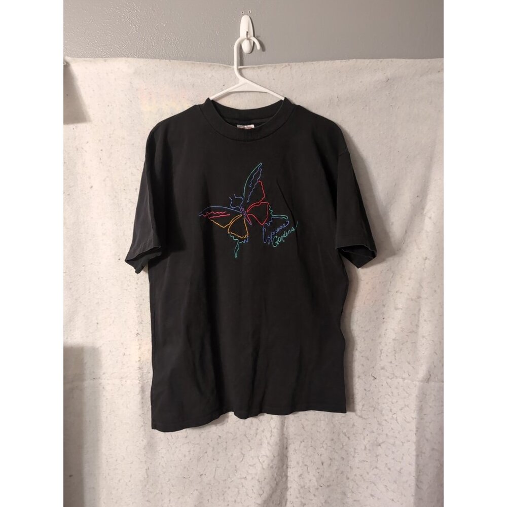 Hefty Black Vintage Single Stitch Cypress Gardens Butterfly Embroidered T Shirt